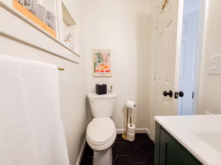 Half bath with Matisse print and green vanity